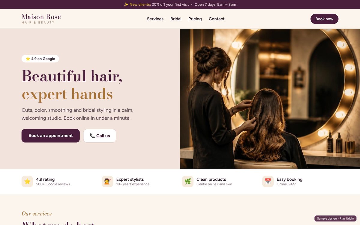 Maison Rosé salon website, desktop view
